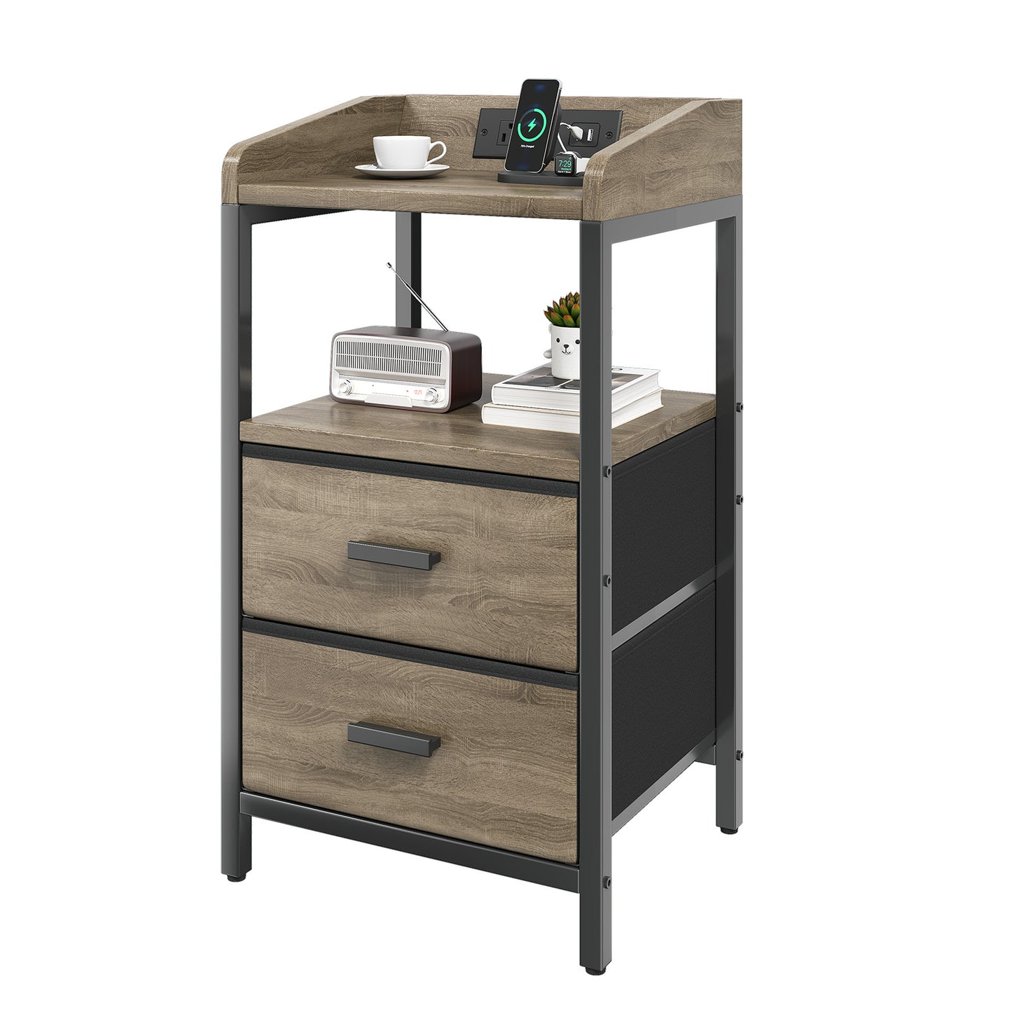 Nightstand With Charging Station Modern Bedside End Side Table With Guardrail Storage Shelf 2 Fabric Drawers USB Ports AC Outlets
