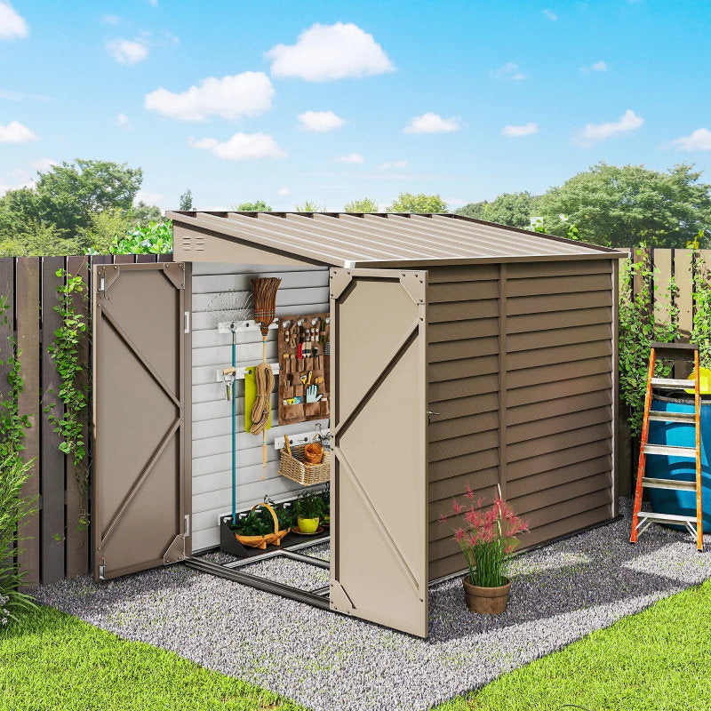 4.6' X 9' Outdoor Storage Shed, Lean To Metal Shed With Foundation Kit, Lockable Doors And Gloves For Patio, Lawn, Brown Multiple Packages