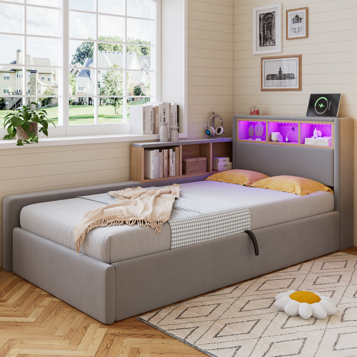 Upholstered Bed, 3FT Single Bed 90x190cm, Daybed Sofa Bed, Modern Velvet Youth Bed, For Adults & Teenagers, With Charging Port, LED Strip, With Storage Space, Easy Assembly, Velvet, Grey   No Mattress