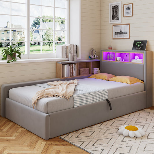 Upholstered Bed, 3FT Single Bed 90x190cm, Daybed Sofa Bed, Modern Velvet Youth Bed, For Adults & Teenagers, With Charging Port, LED Strip, With Storage Space, Easy Assembly, Velvet, Grey   No Mattress