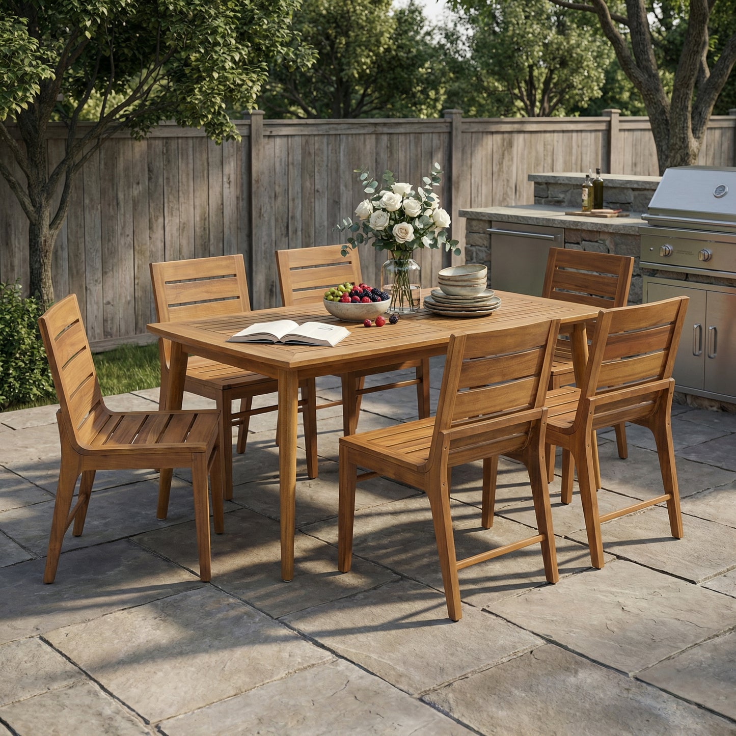7 Piece Outdoor Acacia Wood Dining Set, 71  Teak Finish Rectangular Table With 6 Slatted Back Chairs, Curved Ergonomic Backrest Patio Furniture For Garden, Backyard