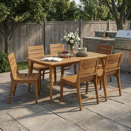 7 Piece Outdoor Acacia Wood Dining Set, 71  Teak Finish Rectangular Table With 6 Slatted Back Chairs, Curved Ergonomic Backrest Patio Furniture For Garden, Backyard