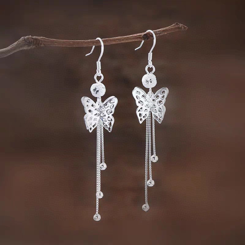 1 Pair Sterling Silver Hollow Butterfly Long Tassel Earrings, Elegant & Slimming, Perfect For Daily, Party & Dating, Ideal Valentine's Gift