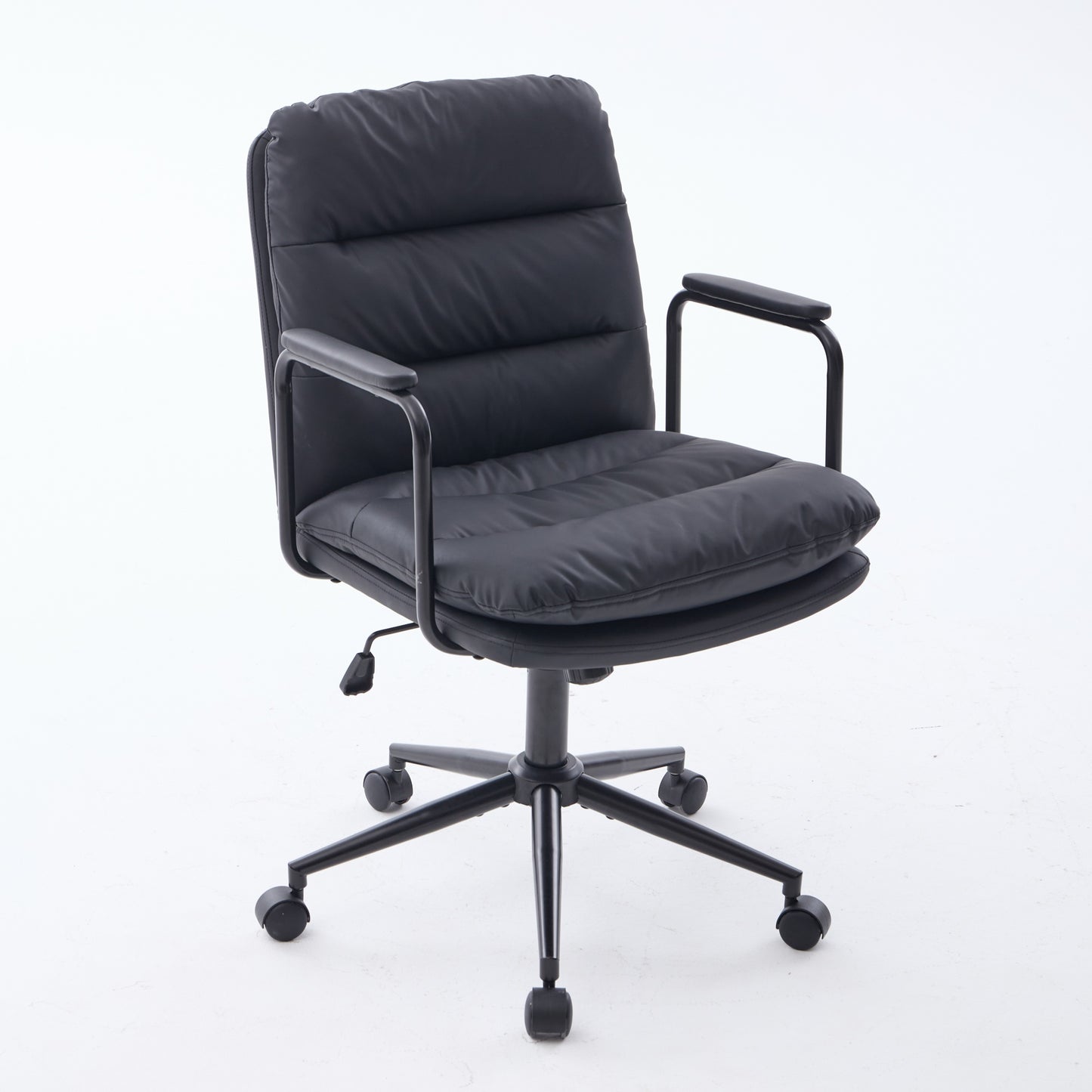 Office Chair,Mid Back Home Office Desk Task Chair With Wheels And Arms Ergonomic PU Leather Computer Rolling Swivel Chair With Padded Armrest,The Back Of The Chair Can Recline 40 Black ,SW1741BK