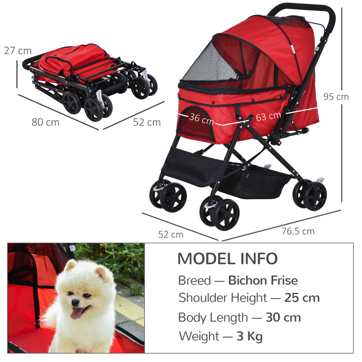 PawHut Pet Stroller Pushchair Foldable Travel Dog Cat Carriage W/ Reversible Handle Brake Basket