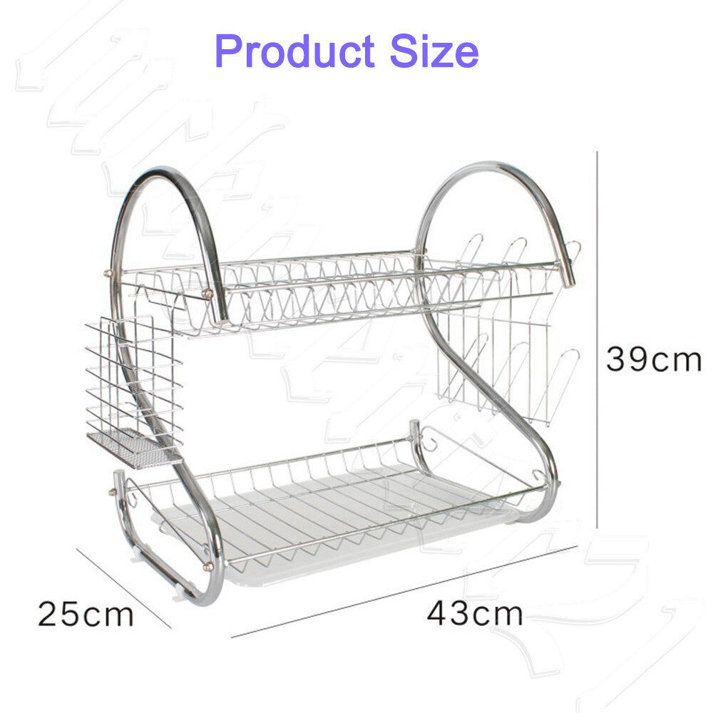 2 Tier Dish Drying Rack Drainer Cup Plate Holder Cutlery Tray Kitchen Organizer