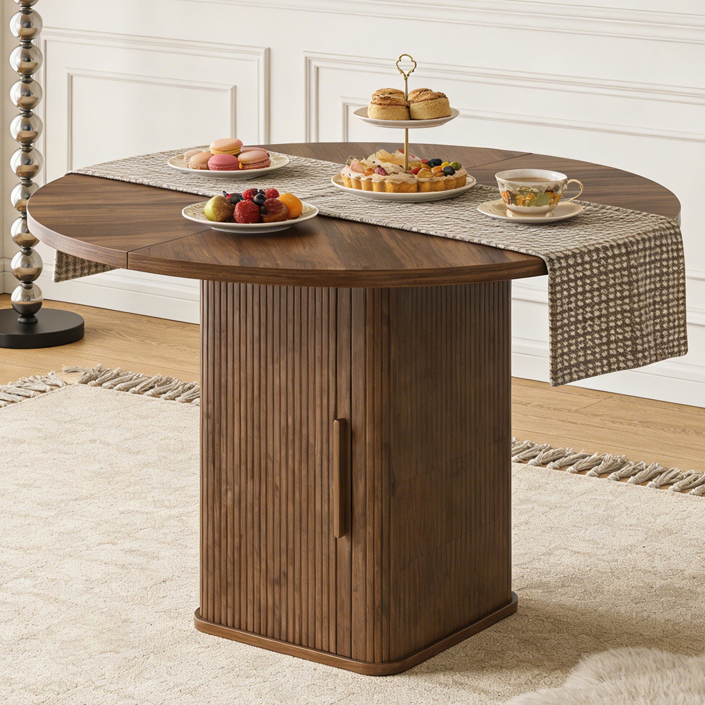 47in Dining Table Exquisite Round Table With 2 Storage Shelf Wood Slide Door And Wooden Base For Dining Room Home Kitchen Canteen