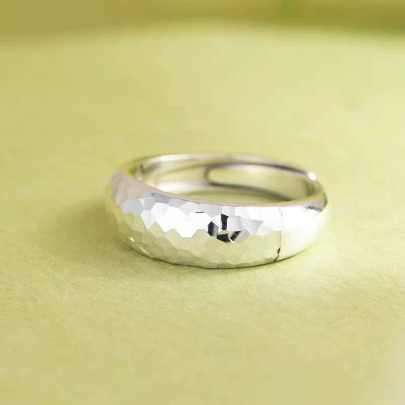 1pc 999 Sterling Silver Hammered Faceted Open Ring, Minimalist & Shiny Style, Perfect For Daily, Dating & Gifting, Ideal Valentine's Gift
