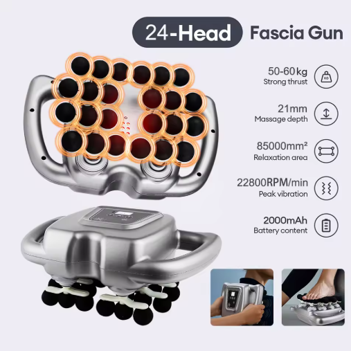 24 Head Professional Fascia Gun Deep Tissue Electric Muscle Massager With 21mm Depth, 2000mAh Battery And Dual Handles For Full Body Relief