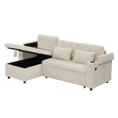 3 In 1 Convertible Corduroy Sofa Bed With Storage Chaise, L Shaped Sleeper Sofa Couches With Armrest Storage And Charging Station. Pullout Sectional Daybed For Living RoomBedroomOffice, Grey