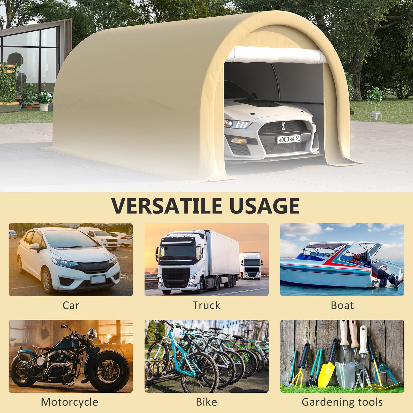 10 x 16 Carport, Heavy Duty Portable Garage Storage Tent with Large Zippered Door, Anti-UV PE Canopy Cover for Car, Truck, Boat, Motorcycle, Bike, Garden Tools, Outdoor Work, Beige