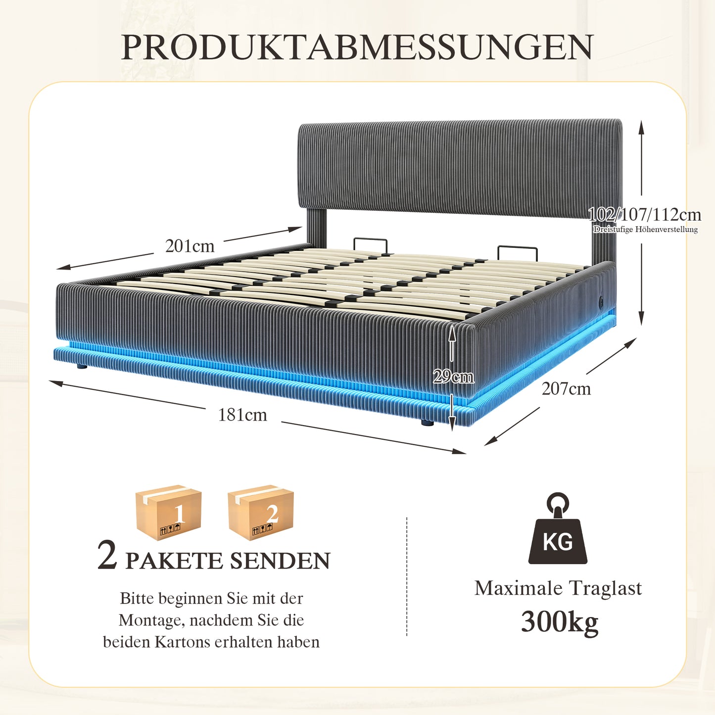 Modern Sponge Bed With LED Lighting And USB-C Charging Function, Height-adjustable Headboard, Cord Fabric, Stable Slat Bed, Large Underbed Storage And Comfortable Cushion Headboard. 180X200 Gray