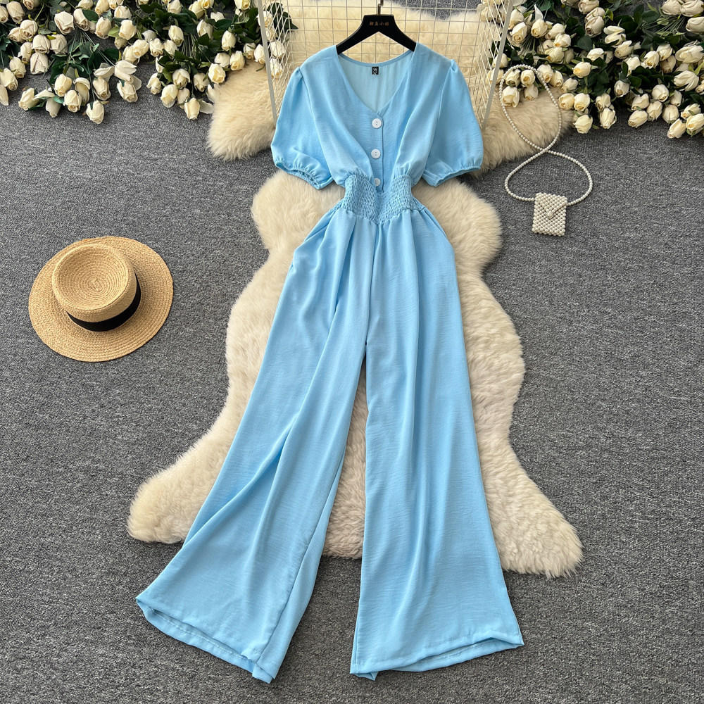 Korean-style V-neck Puff-sleeve Jumpsuit For Women