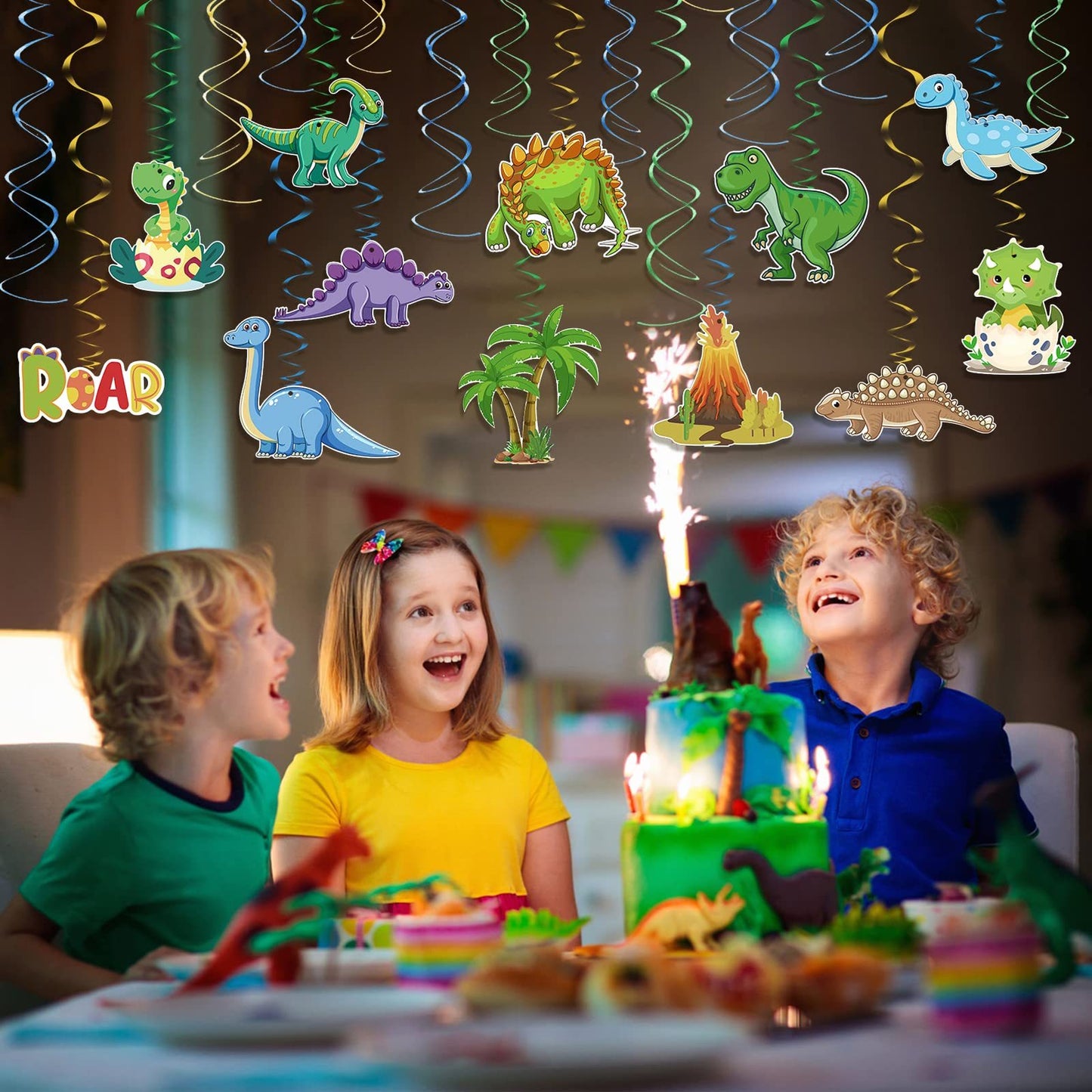 30-Piece Dinosaur Decorative Garland - Themed Jungle Party Decor With Spiral-Shaped Elements - Party Supplies Set
