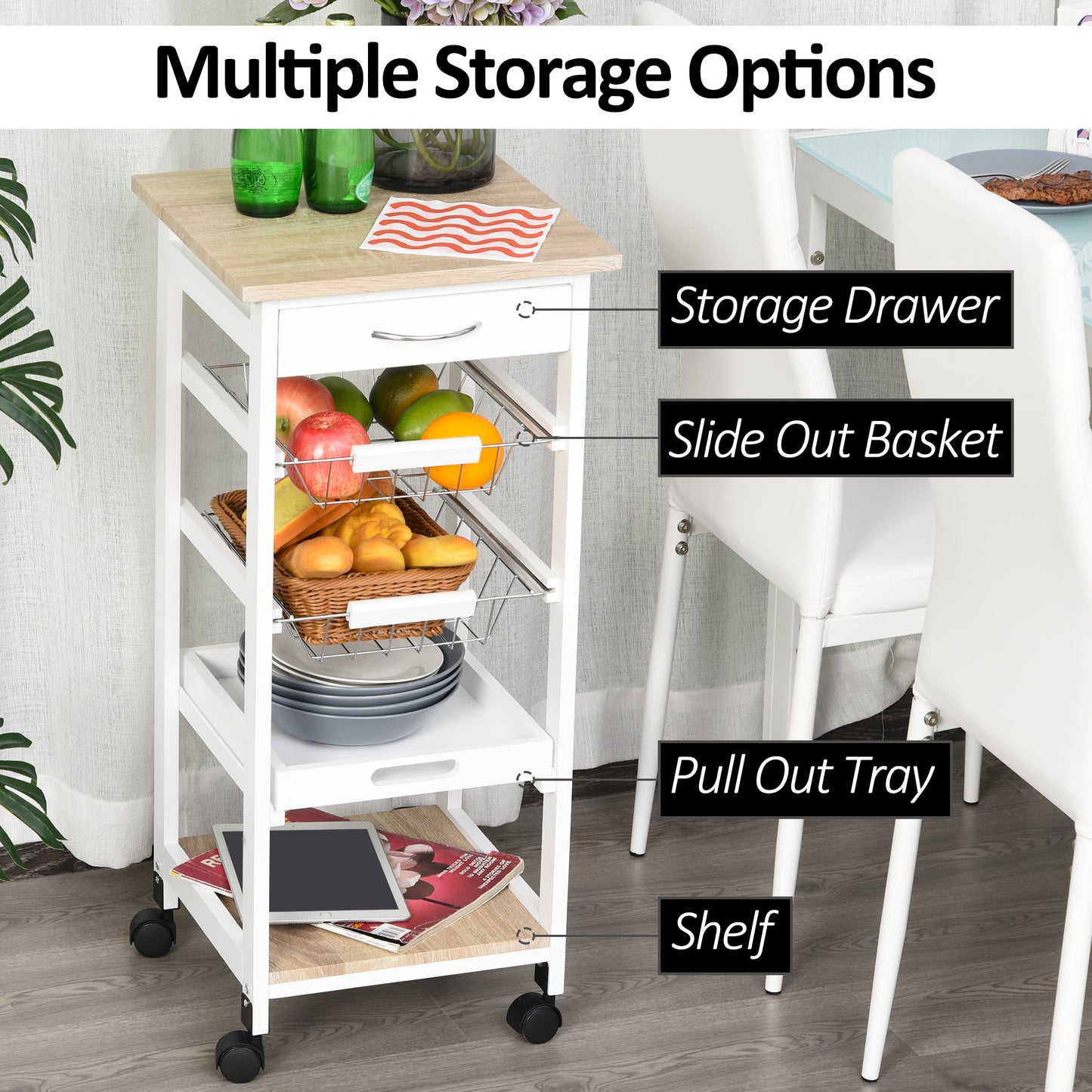 Mobile Rolling Kitchen Island Trolley For Home W Metal Baskets Trays Shelves Wheels Compact Stylish Storage White