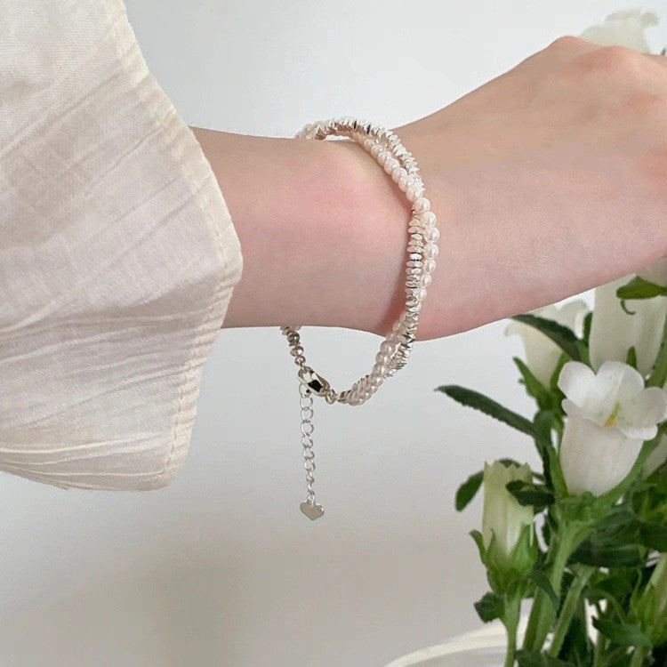1pc 999 Sterling Silver Pearl & Crushed Silver Double-Layer Bracelet, Delicate Style, Perfect For Daily Wear And Valentine's Gift