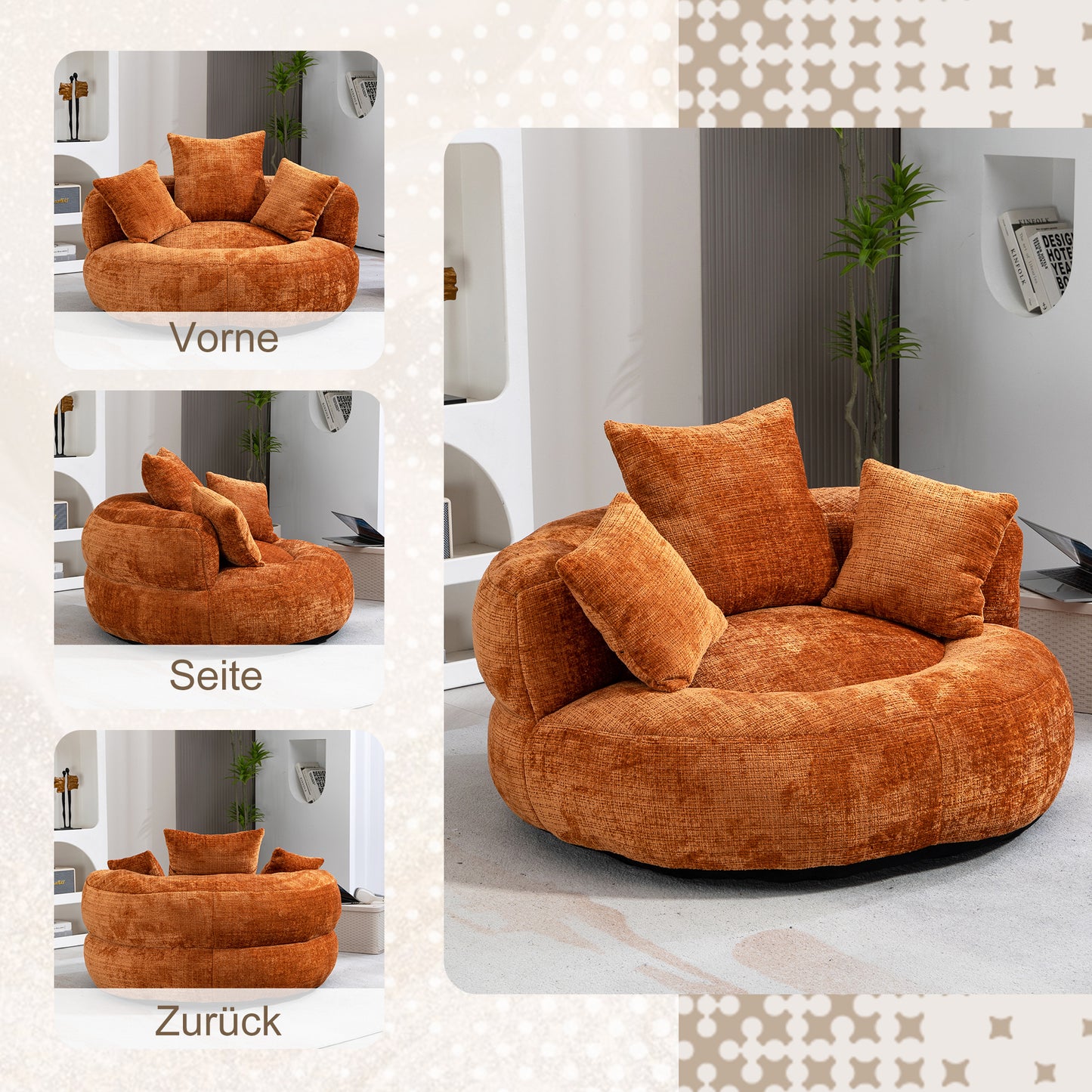 Lazy Sofa Durable Comfort Lounger High Back Bean Bag Chair Couch With Three Cushions For Adults And Kids, Indoor & Outdoor, Single Gaming Sofa Chair For Bedroom, Office  Orange Chenille