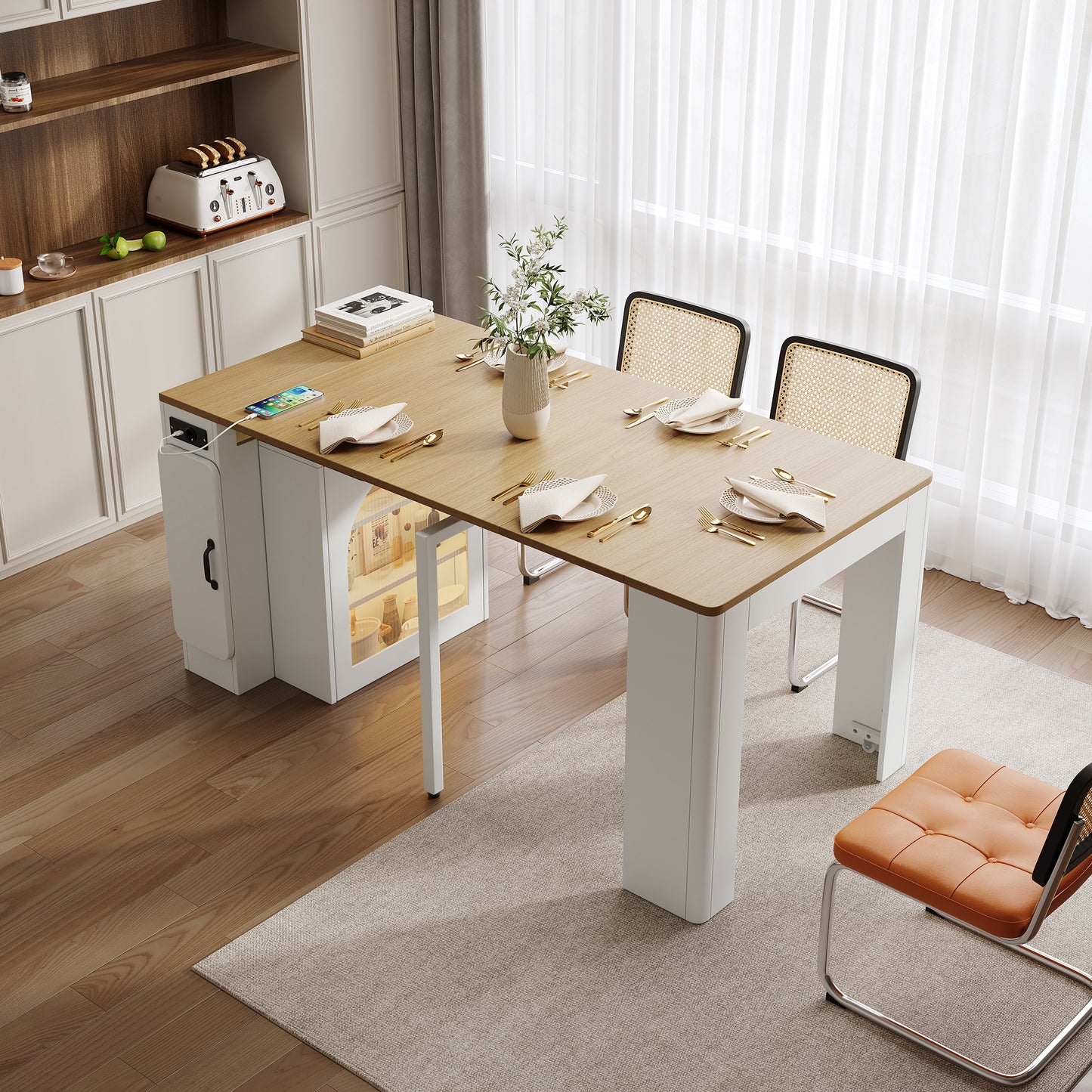 Kitchen Island With Wheels, Extendable Dining Table With Removable Table Top, Mobile Serving Trolley With Power Strips, Serves As A Sideboard, Sideboard Or Bar Table For Kitchen And Dining Room White