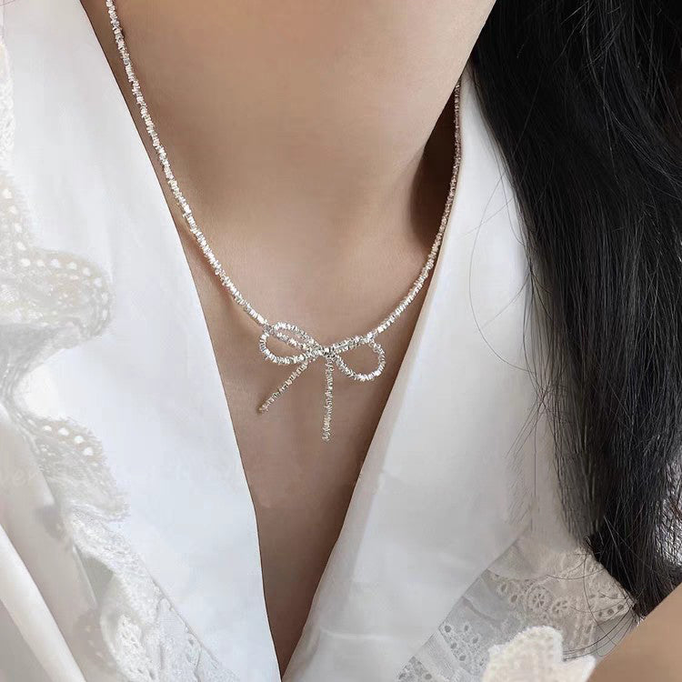1 Set 999 Sterling Silver Bow Necklace And Bracelet Set, Shiny Minimalist Style, Perfect For Daily Wear And Valentine's Gift