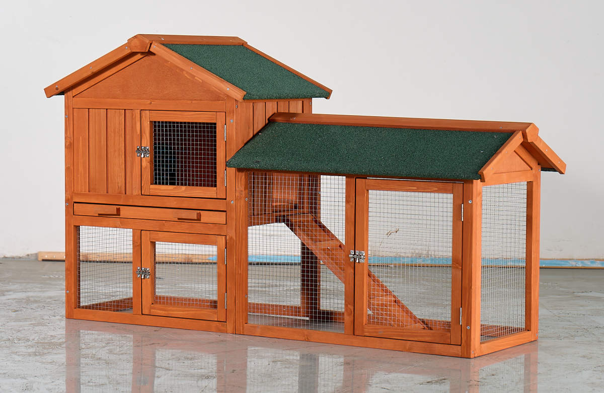 Large Wooden Rabbit Hutch, 2-Story Outdoor Bunny Cage With Waterproof Asphalt Roof, Pull-Out Tray & Ramp, Fir Wood Pet House For Rabbits, Chickens, Guinea Pigs Brown & Green
