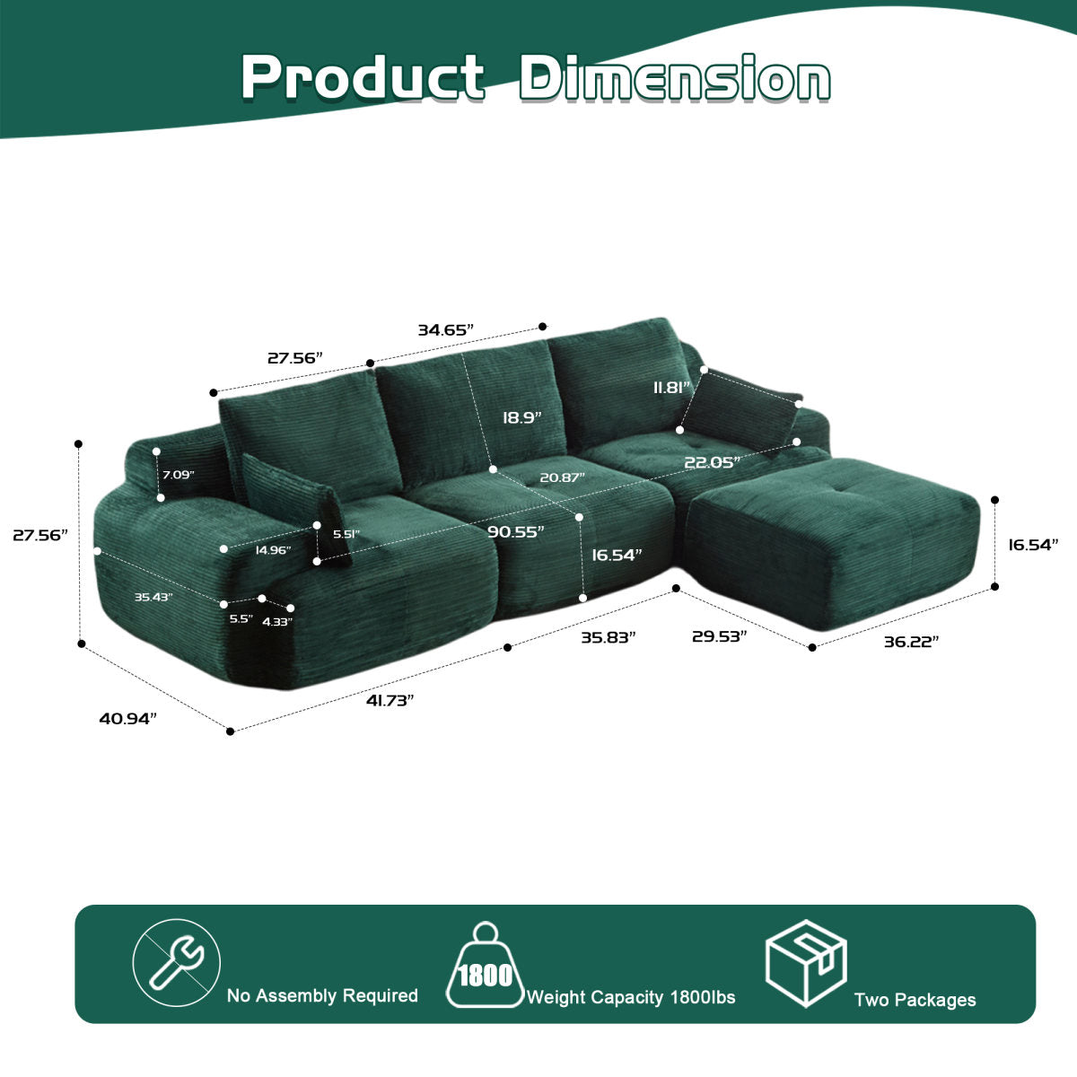 Modern Memory Foam Compressed Sofa,Large Sectional Couches For Living Room,Pet-Friendly Cloud Modular Sectional Sofa,Corduroy Fabric,Extra Deep Loveseat,No Assembly Required,Green