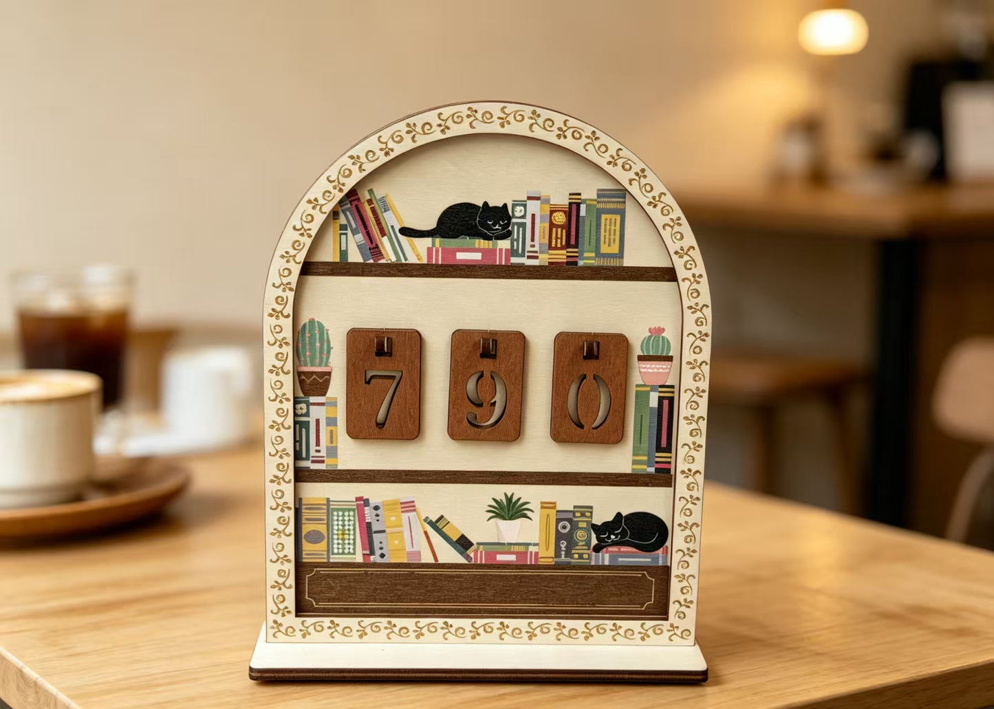 Wooden Black Cat Bookshelf Reading Tracker, Reusable Number Reading Counter, Desk Decor Book Log Perpetual Calendar