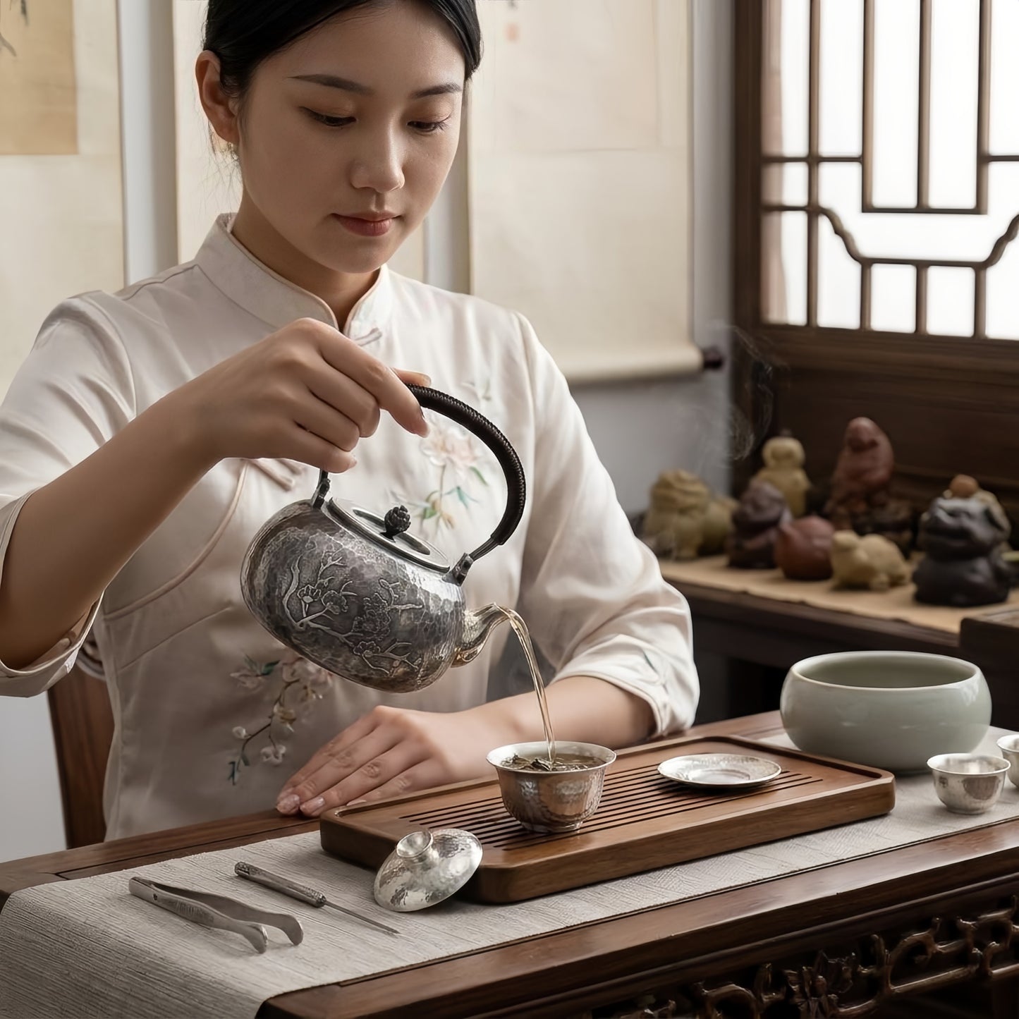 925 Sterling Silver Exquisite Antique Style Silver Tea Kettle with Plum Blossom Motifs and Rattan Handle - Handicraft