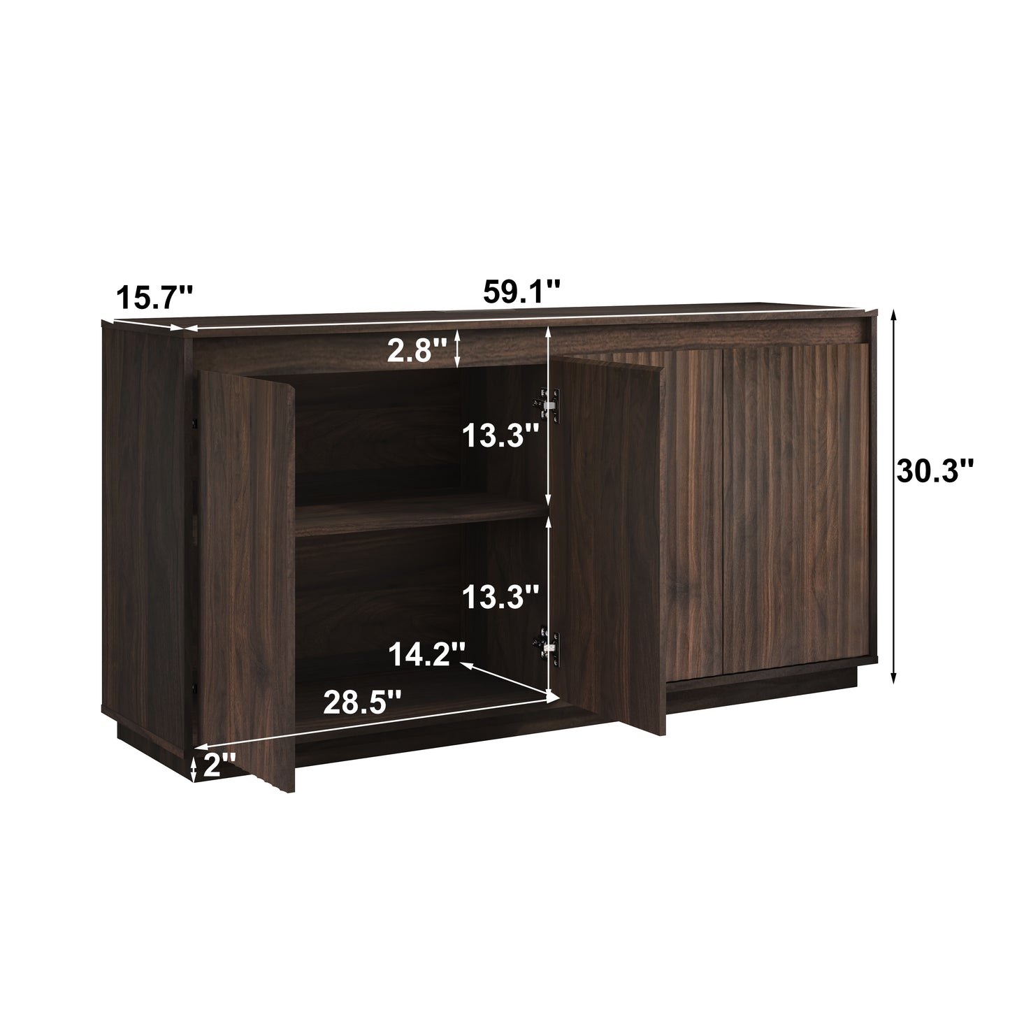 4 Door Walnut Wood Sideboard Buffet Cabinet With Power Outlet, Wavy Vertical Texture Accent Cabinet With No-Handle Design  Door Top Edge As Handle , Freestanding Kitchen Storage Cabinet For Dining Roo
