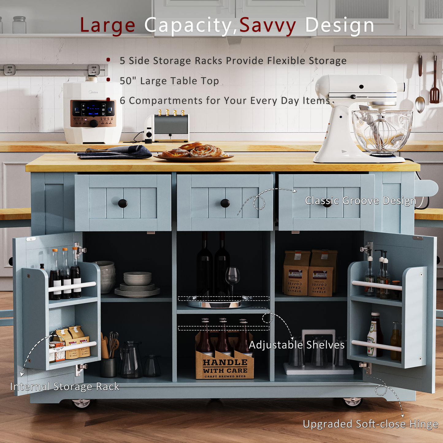 K&K 53inch Large Kitchen Island With 2 Bar Stools,Power Outlet,Door Internal Storage Rack,Kitchen Storage Cart On 5 Wheels With Drop Leaf,5 Open Side Racks,3 Drawers,Grey Blue  Three Packages