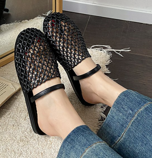 Women French Mesh Closed Toe Mules, New Spring Outdoor Wear Mesh Hollow Woven Platform Roman Slide Sandals