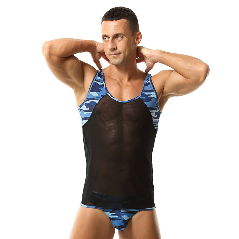 Youth Camouflage Mesh Color Block Stretch Breathable Yoga Shirt For Men