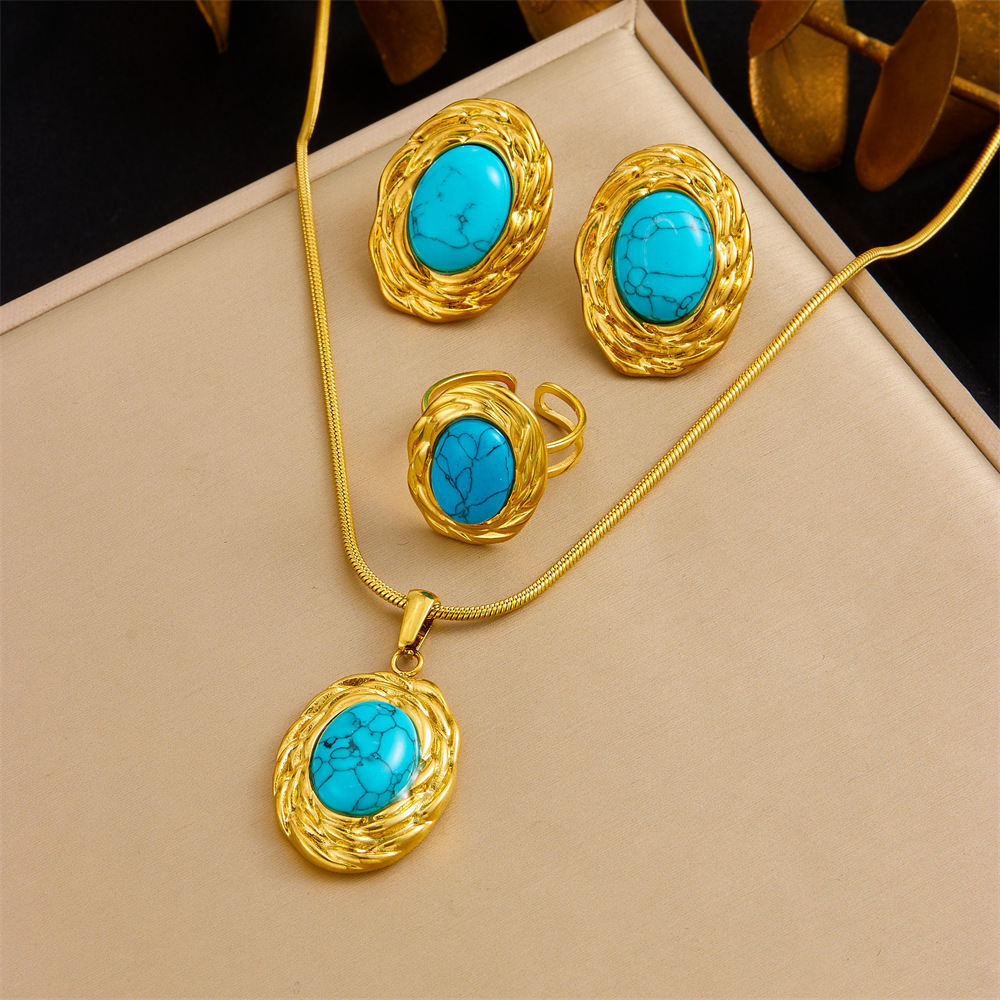French Style Retro Design Twist Oval Turquoise Accessories Ring Earrings And Necklace Set