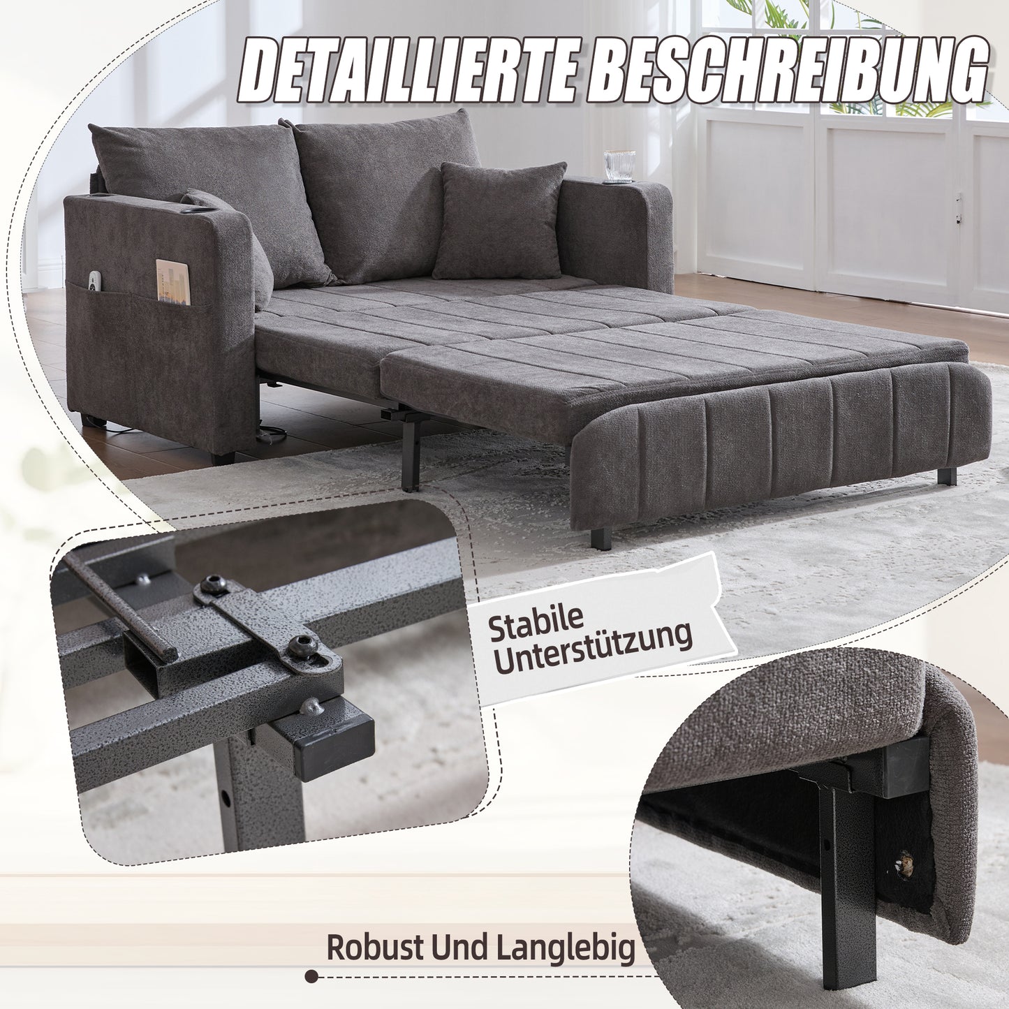 Multifunctional Fabric Sofa, Pull-out Folding Sofa, Usable As A Sofa Or Bed, With Storage Pockets On The Armrests, USB Charging Function And Cup Holders  Grey Chenille Fabric
