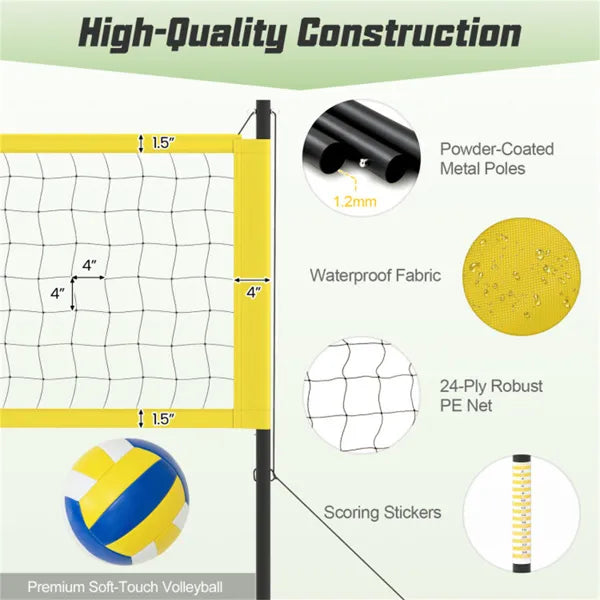 32'x3' Heavy-Duty Volleyball Net Set - 3-Level Adjustable Poles, Anti-Sag Winch, All-Inclusive Accessories-Yellow