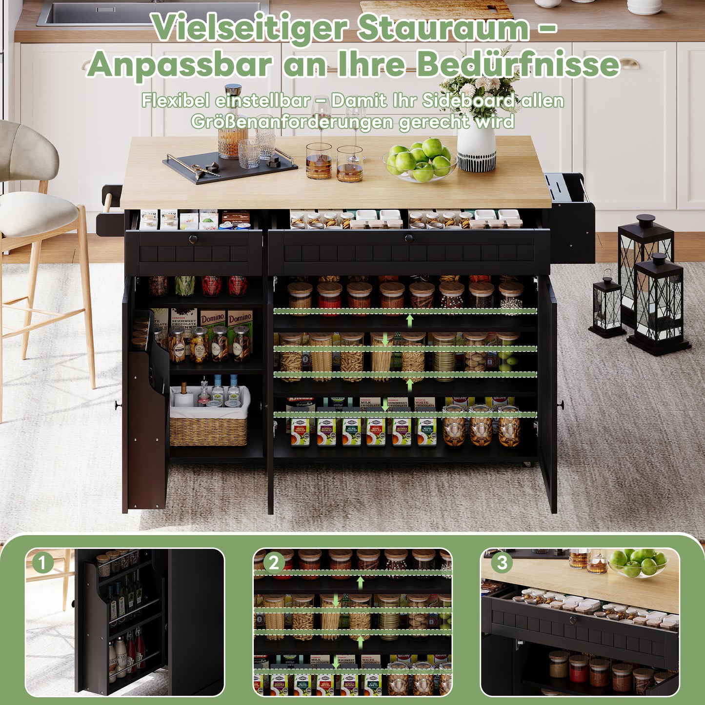 Kitchen Island With Folding Worktop, Kitchen Cabinet On 6 Lockable Castors, With Shelf, Door Shelf, 2 Large Drawers And Cabinet, Black, 137 X 89.5 X 45 Cm