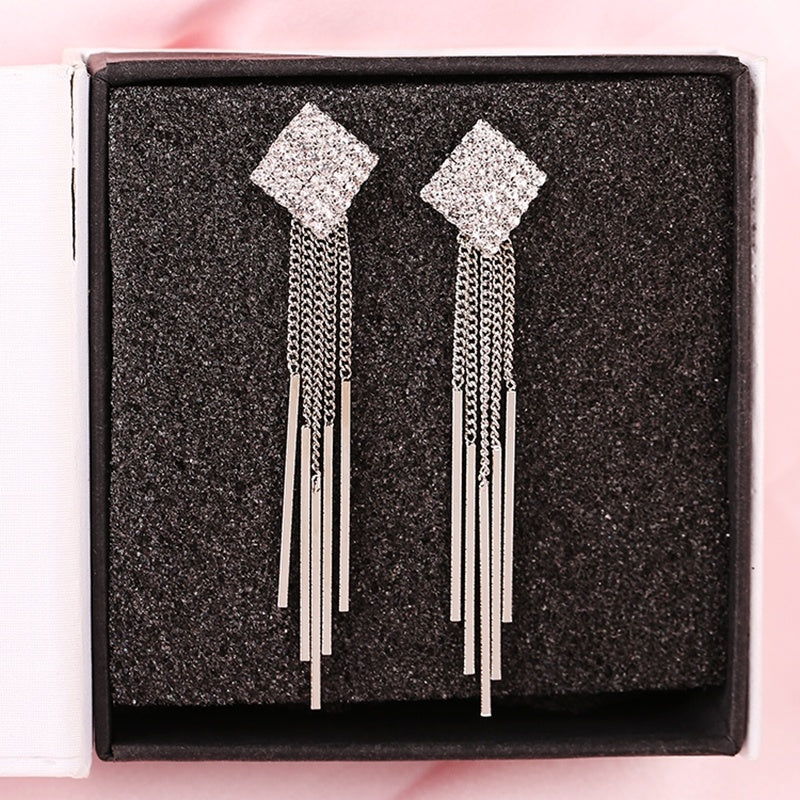 1 Pair 999 Sterling Silver Full Diamond Square Long Tassel Drop Earrings, Sparkly & Elegant, Perfect For Daily, Dating & Parties, Ideal Valentine's Gift