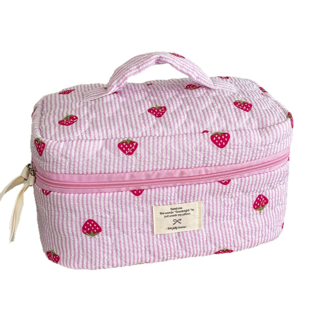 New Quilted, Exquisitely Printed, Large-Capacity Strawberry-Striped Makeup Bag