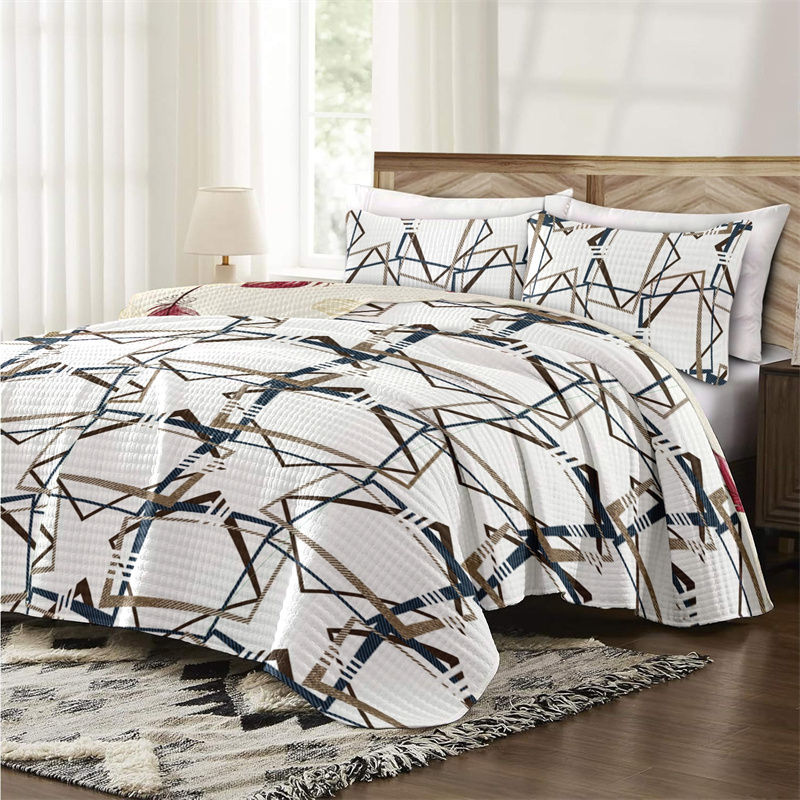 9 Piece Room In A Bag Quilt And Curtain Set, US Designer Modern Geometric Print Heavyweight Bedspread With 6 Customizable Window Panels, Pet-Friendly High GSM Coverlet Brown,Navy,White