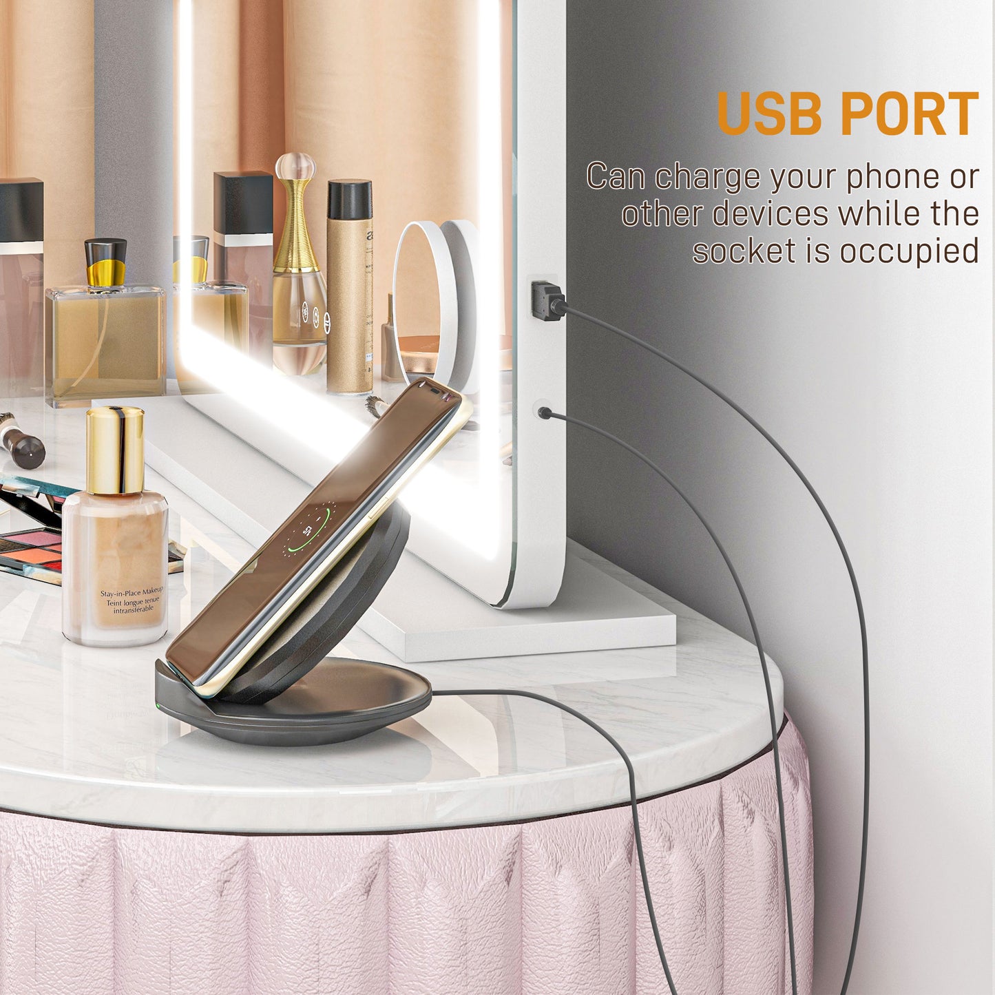 Vanity Mirror With Lights, Large 80x62 Cm Lighted Makeup Mirror With 3 Colour, 10X Magnifying, USB Charging Port, Touch Screen, Tabletop Or Wall Mounted Design, White