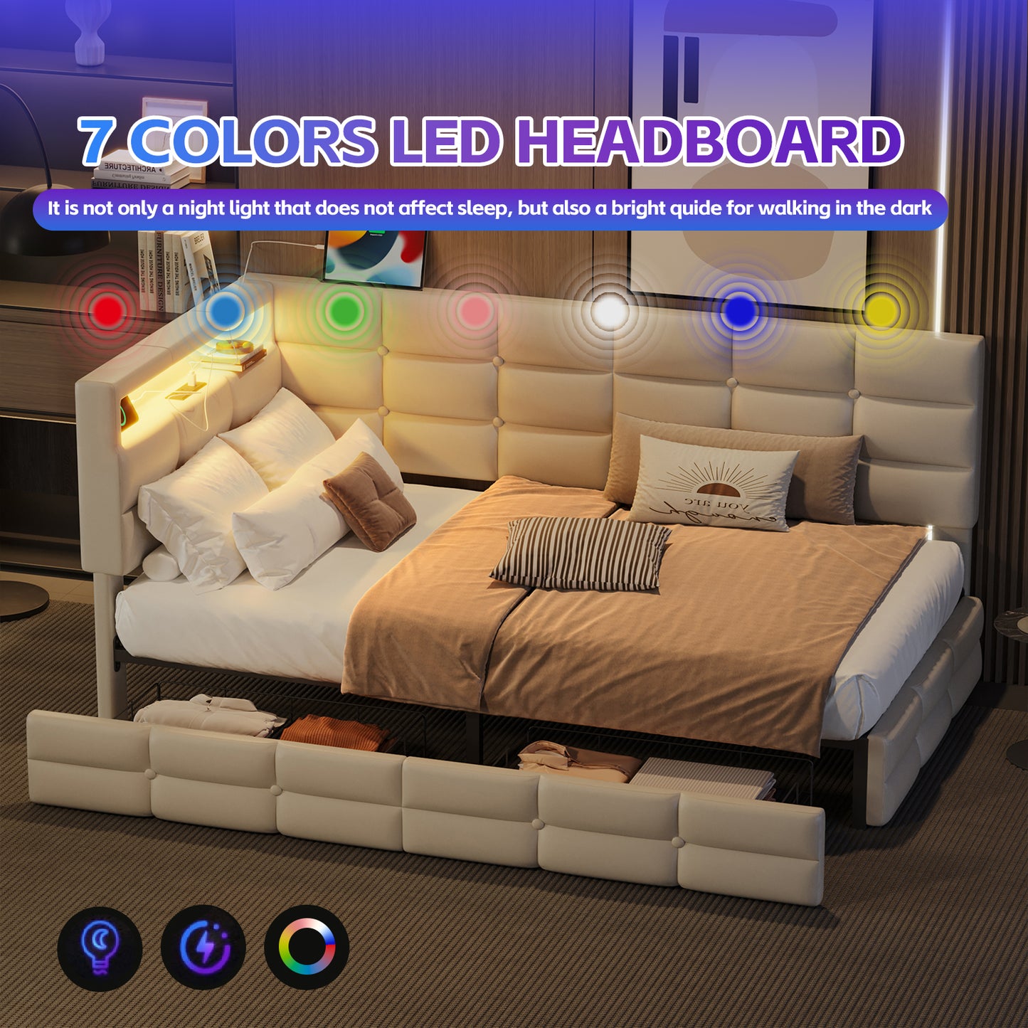 Upholstered Twin Size Daybed With Storage 2 Drawers And Charging Station, Day Bed Frame With LED Lights And Storage Headboard, No Box-Spring Needed, Beige