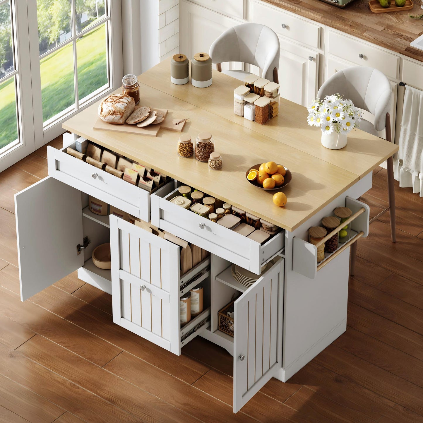 Mobile Kitchen Island With Folding Worktop, Serving Trolley And Storage Cabinet, With 2-tier Vertical Drawers, 2 Large Drawers And Lockable Casters, 120 X45x92 Cm.