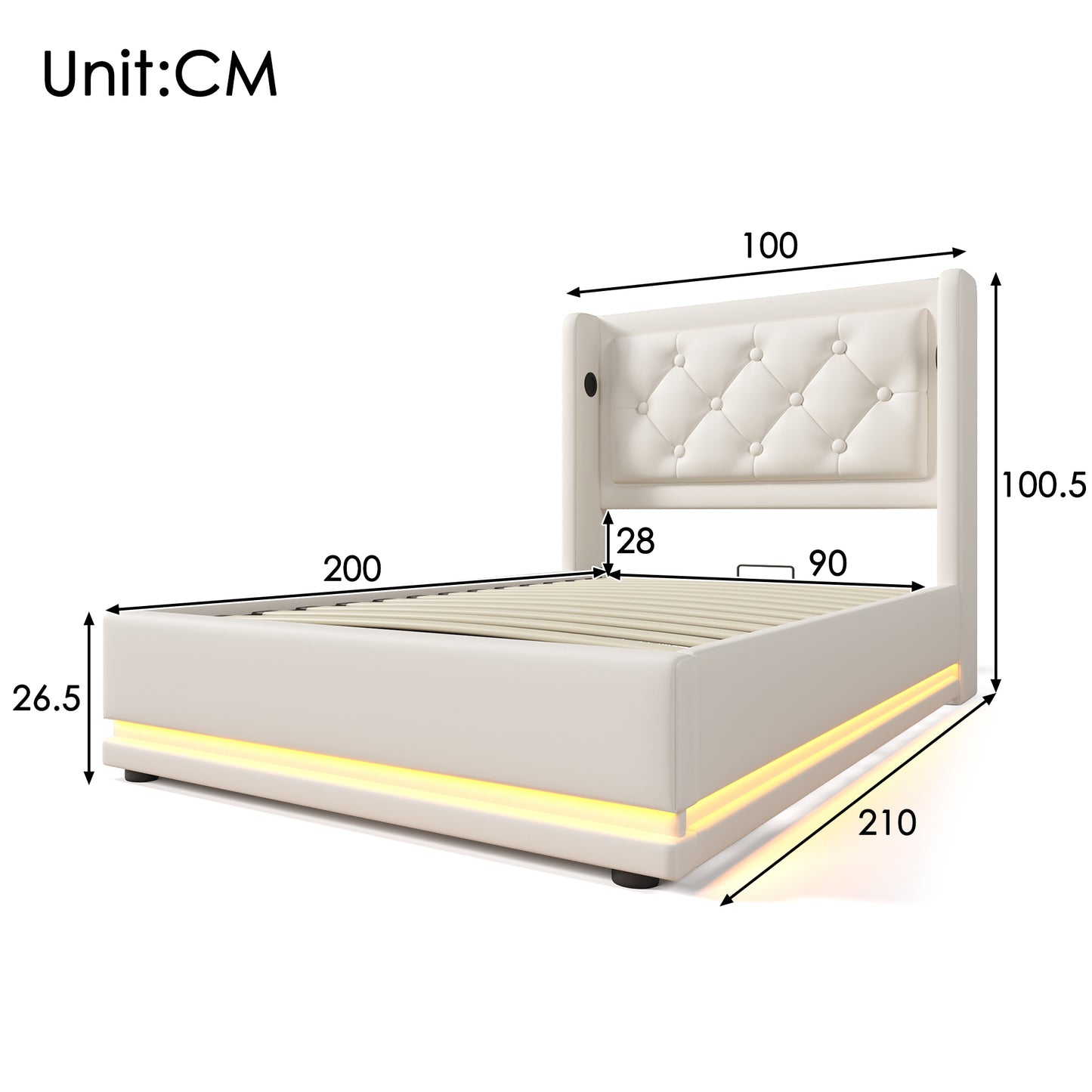 Sofa Bed Single Bed 90x200 Cm, White PU Material Hydraulic Storage Bed, Cushioned Headboard With USB Type-C Charging Function, 3-sided LED Function  Without Mattress