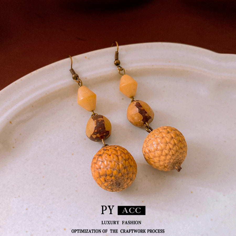 Retro Ethnic Style Resin Fruit Core Tassel Earrings Fashion Design Sense Niche Accessories