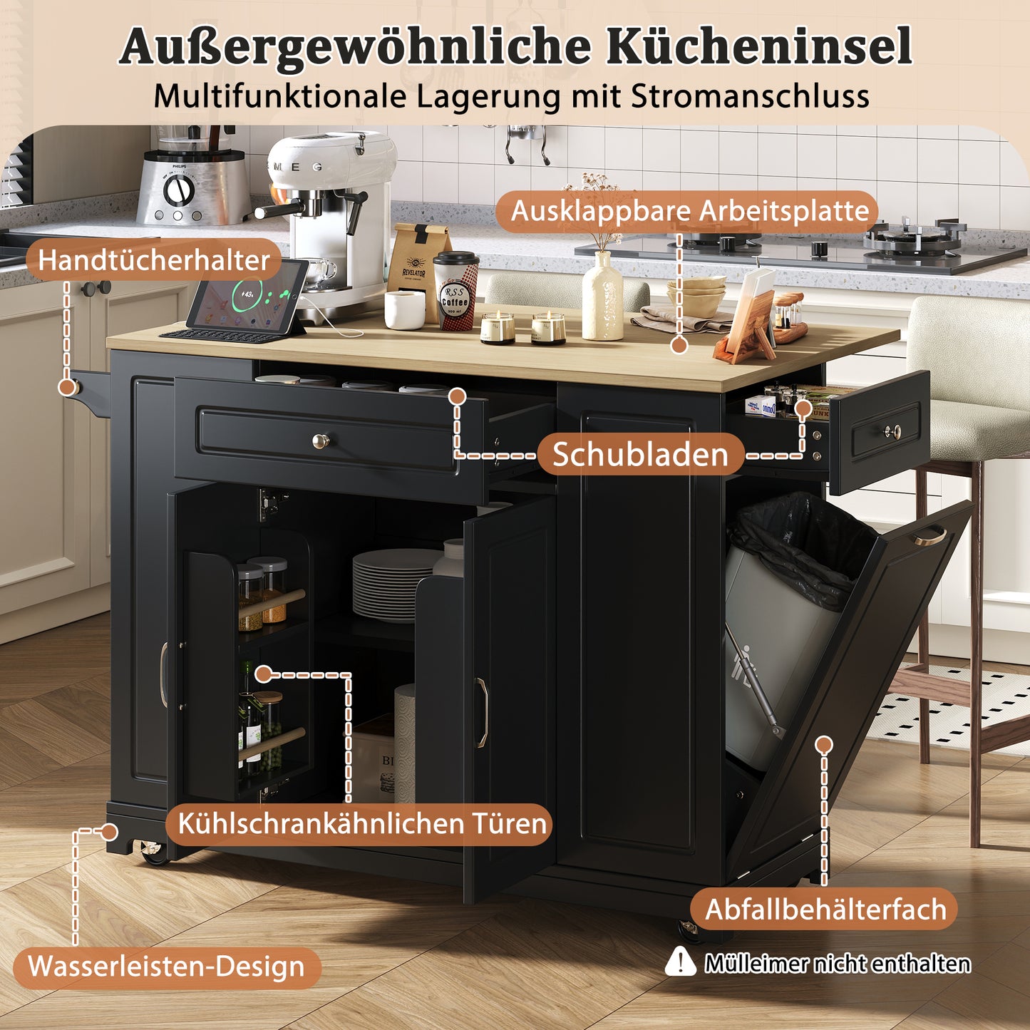 Kitchen Island With Wheels, Extendable Dining Area Kitchen Island With Multifunction Drawers And Waste Bin Compartment, Mobile Kitchen Island Ideal For Kitchen And Dining Room Black