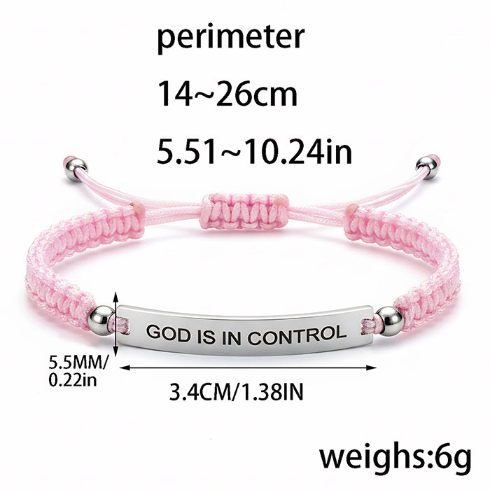 God Is In Control Engraved Bracelet, Handmade Braided Nylon Cord Cuff For Men Women, Stainless Steel Religious Christian Gift With Scripture Card
