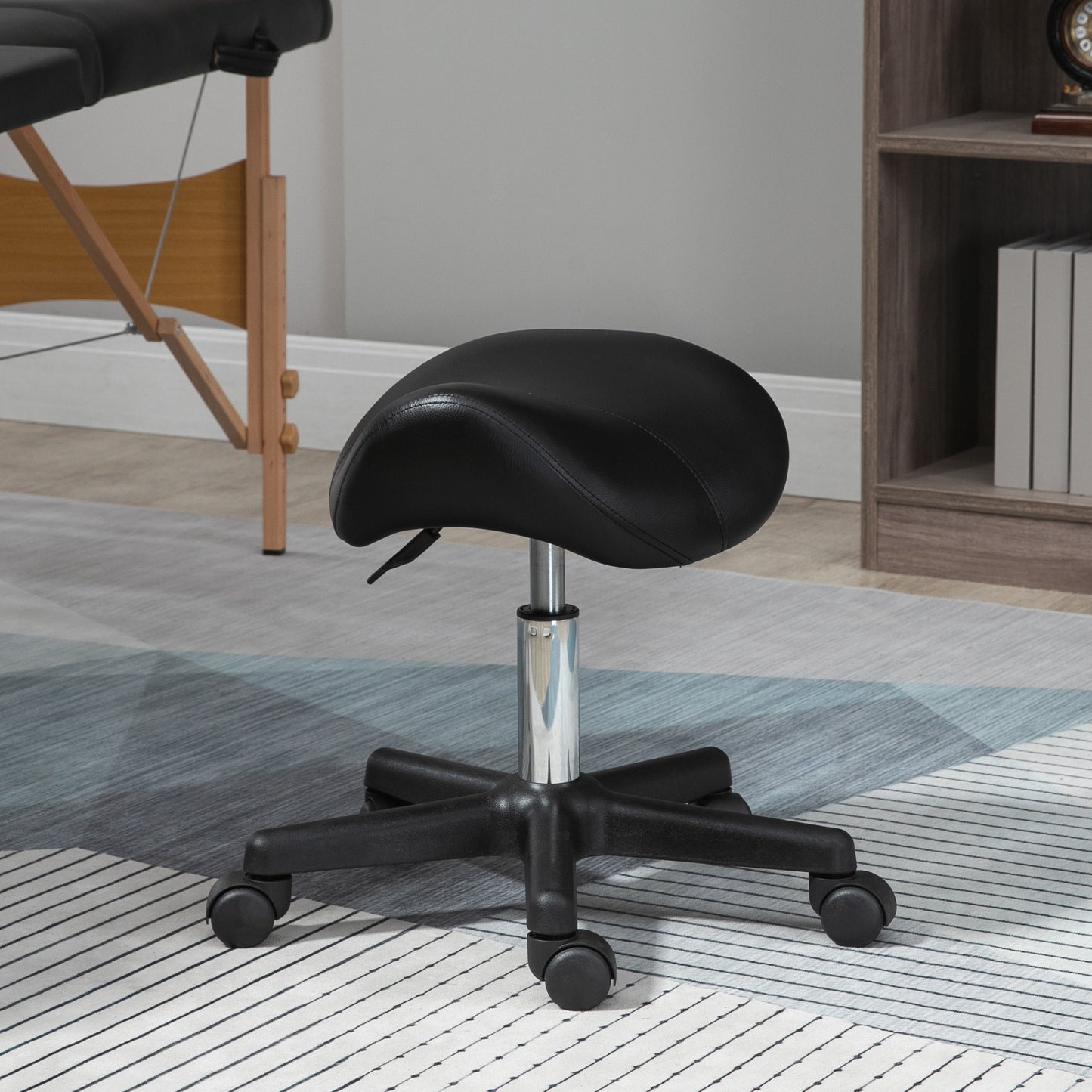 Saddle Stool, PU Leather Adjustable Rolling Salon Chair With Steel Frame For Massage, Spa, Beauty And Tattoo, Black