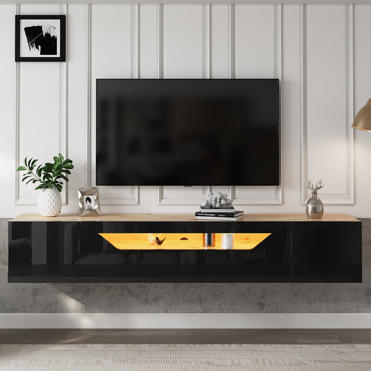 TV Cabinet With 3 Storage Compartments, Lowboard, Floating Wall-mounted TV Unit, High-gloss TV Cabinet With LED Light, TV Table, Wall-mountable, Suitable For 75-inch TVs, Black  Original
