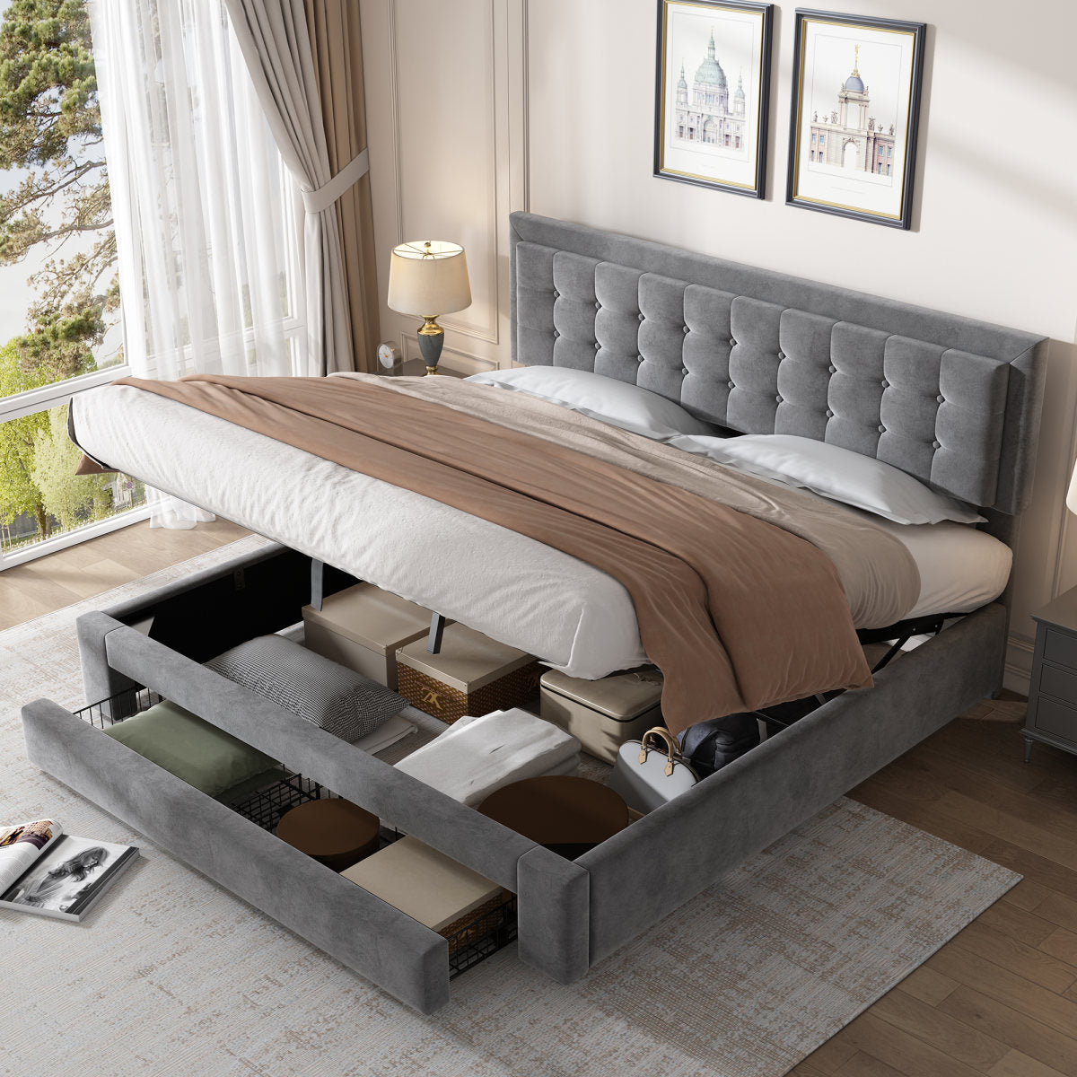 Bed With Box And Drawers, Velvet Fabric, Upholstered Bed, Slatted Base, Double Bed, Large Storage Space, 180 X 200, Grey