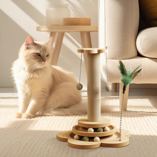 Pet Cat Toy Solid Wood Cat Turntable Funny Cat Stick Balls Durable Sisal Scratch