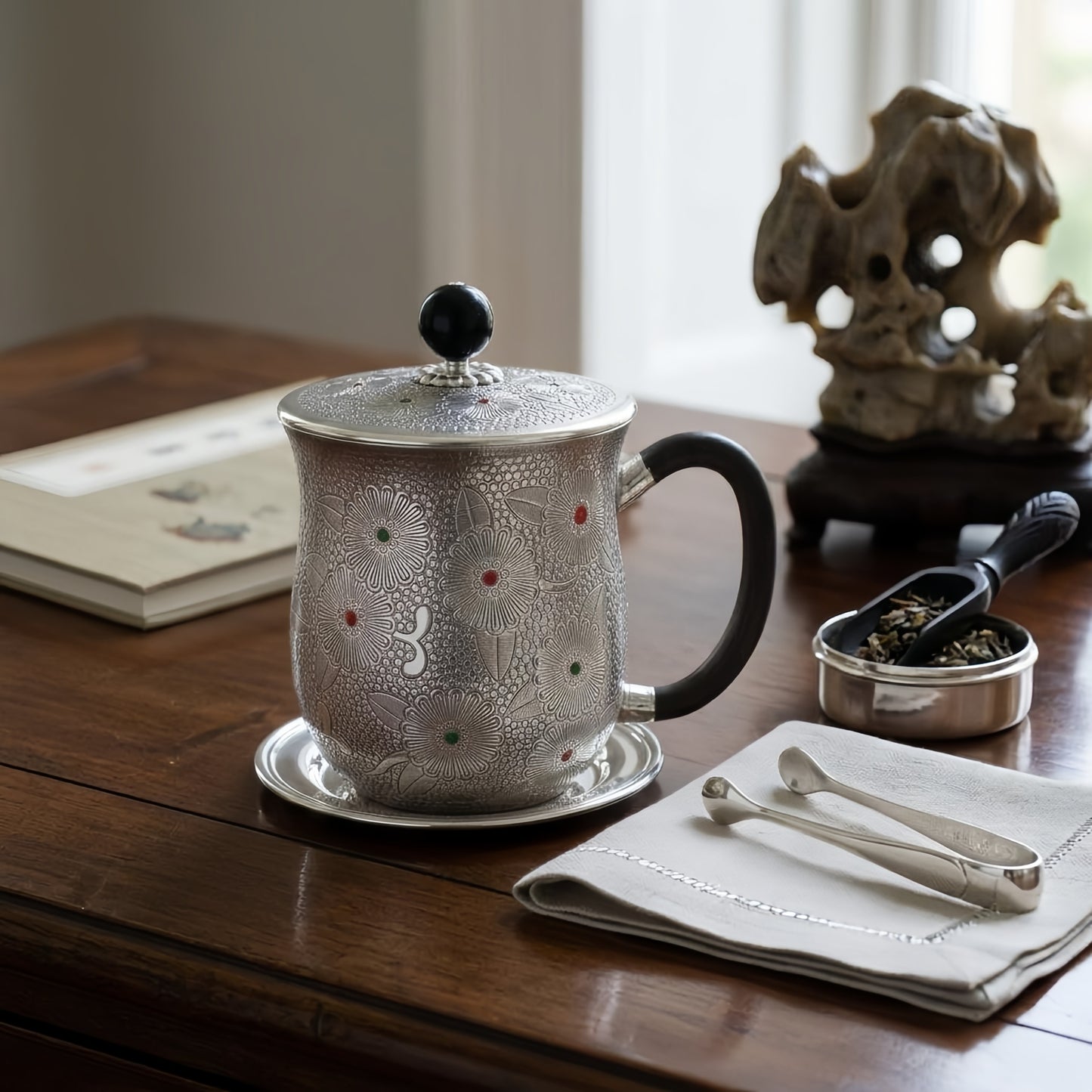 925 Sterling Silver Intricately Engraved Silver Floral Tea Mug with Lid and Elegant Dark Handle - Handicraft